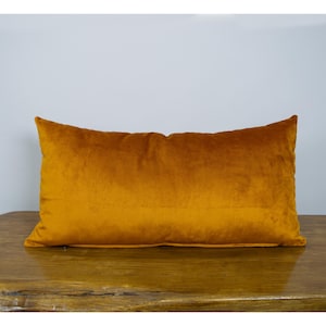 May include: A rectangular, ochre-coloured velvet cushion. The cushion is placed on a wooden surface. The cushion's plush texture and warm colour create a cosy and inviting aesthetic. The cushion is a decorative item.