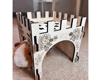 Small Animal Castle suitable for Guinea Pigs and Hamsters,  This Castle is personalised flowers on three sides of the turret