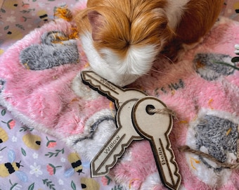 Wooden Keys & Chew Toy for Guinea Pigs, Rabbit, Hamsters with name marked on the chew toy – Natural Chewable Fun | Formaldehyde Free Plywood