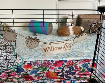 May include: A wooden sign with the name "Willow" on it hangs from a string of wooden animal and fruit shapes. The sign is in a guinea pig cage with a guinea pig in the background.