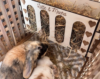 Hooibak voor konijnen en cavia's met namen van huisdieren, aan elkaar geschoven, huisdierveilig multiplex