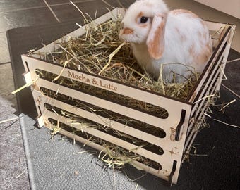 Gepersonaliseerde hooimand voor konijnen en cavia's met namen van huisdieren - slot aan elkaar, huisdierveilig multiplex