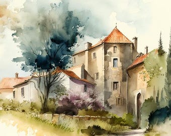 Watercolor French Château – Elegant Countryside Printable Wall Art – Instant Download - Square Format 1:1