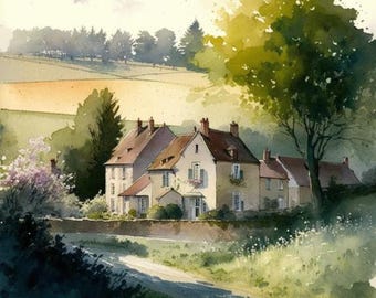 Watercolor French Château – Elegant Countryside Printable Wall Art – Instant Download - Square Format 1:1