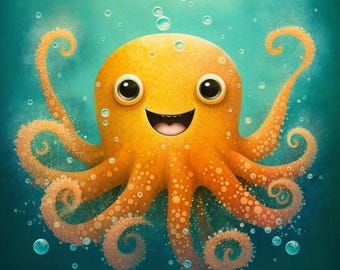 Happy Octopus Printable Wall Art – Illustrated Kids Room Decor – Instant Download - Sea Life Nursery Art - Square Format 1:1