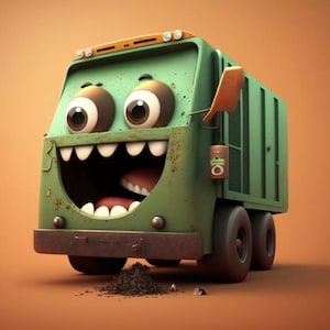 May include: A green cartoon garbage truck with a wide open mouth, showing white teeth and a pink tongue. The truck has a large, round, brown eye on each side of the front. The truck is on a brown surface and has a small pile of dirt in front of it.