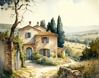 Watercolor French Country Home – Elegant Countryside Printable Wall Art – Instant Download - Square Format 1:1