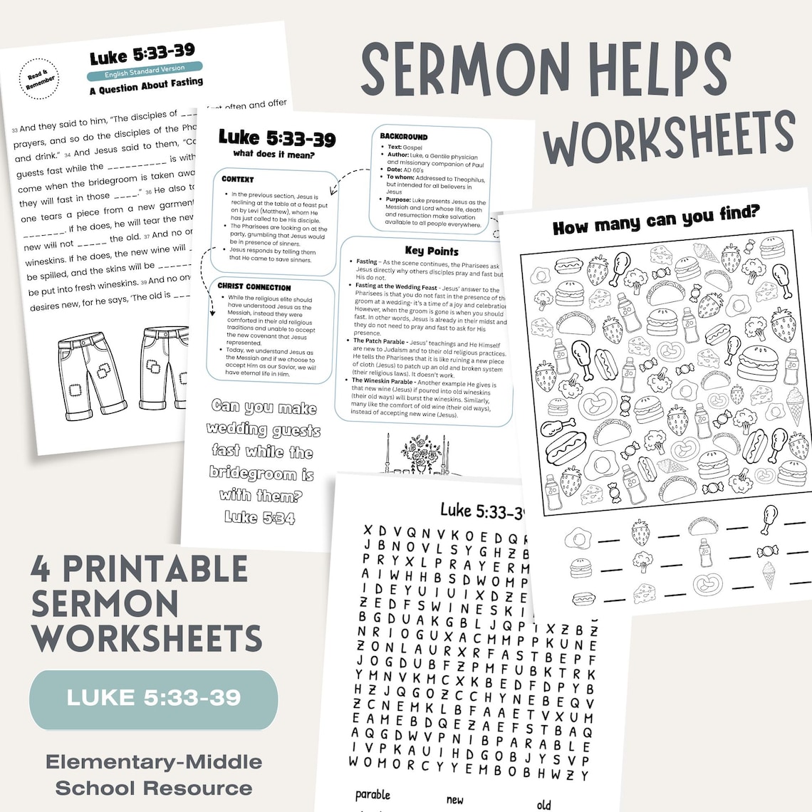 Luke 5:33-39 - Sermon Helps Worksheet - Activity Sheet, Coloring, Word ...