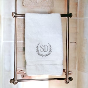 Personalized Embroidered Monogram Hand Towel with Delicate Laurels