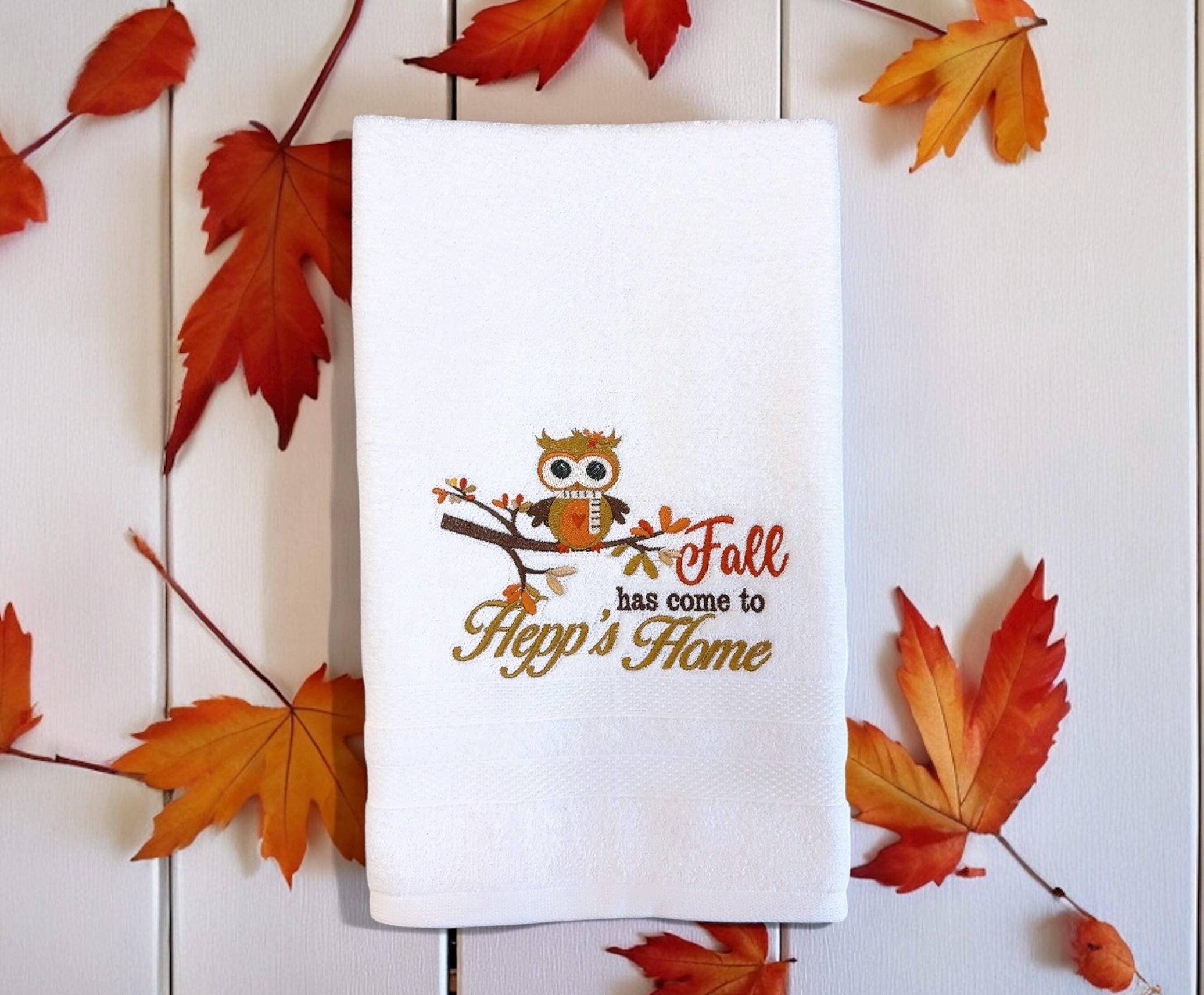 Autumn Owl Hand Towel – Fall Embroidered Bathroom or Kitchen Decor – Custom Gift
