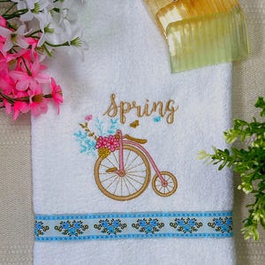 Embroidered Bicycle Hand Towel, Spring hand towel,  Floral Embroidery hand towel, Embroidered Hand Towel