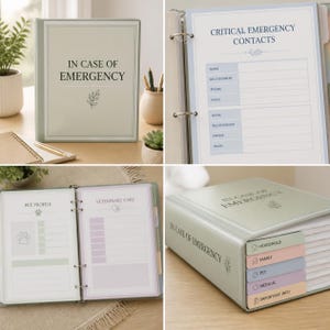 Può includere: Un raccoglitore a tre anelli verde salvia con l'etichetta In Case of Emergency e divisori interni per Household, Family, Pet, Medical e Important Info. Le pagine includono modelli per contatti di emergenza, profili di animali domestici e cure veterinarie.