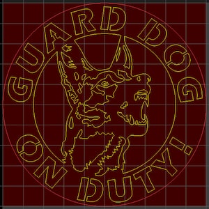 May include: A red circle with a yellow outline and the text "GUARD DOG ON DUTY!" in yellow. Inside the circle is a black and white silhouette of a German Shepherd dog's head.