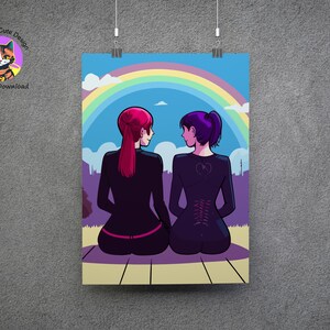 two goth girls sitting together under the rainbow,home decor, instant download