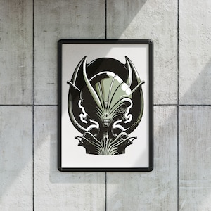 May include: A framed print of a black and green alien creature with large eyes and a menacing expression. The alien is surrounded by a black circle with a white outline.