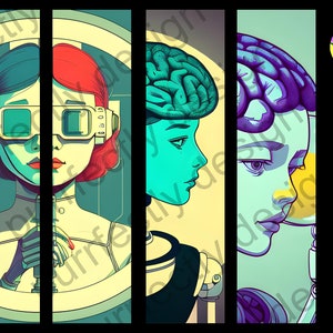 May include: A digital art collage of three women with different hairstyles and facial features. The woman on the left is wearing glasses and a white lab coat. The woman in the middle has red hair and is wearing a white lab coat. The woman on the right has a green brain and is wearing a black and white outfit. The background is a yellow and green color.