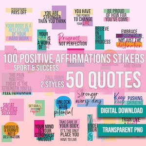May include: A pink background with 100 positive affirmation stickers for sport and success. The stickers are in two styles and feature 50 quotes. The text on the stickers is in various colours, including pink, blue, yellow, and green. The text includes phrases like "You are stronger than you think", "Progress not perfection", "Sweat sacrifice succeed", "Unlock your potential", and "Take care of your body".