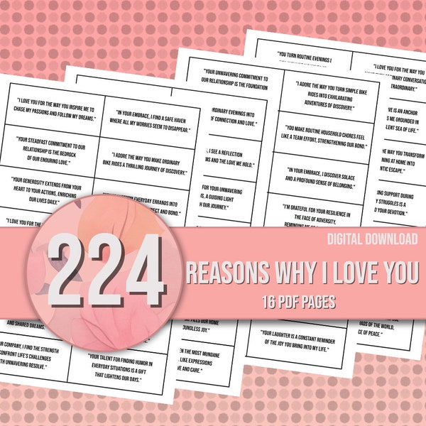 224 Reasons Why I Love You, Tell him or her your love reasons, Printable Love Notes, Love jar, Jar of Love, Printable DIY Jar