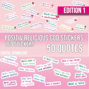 May include: A digital download of 160 religious stickers featuring 50 quotes about God. The stickers are in various colours and feature a variety of designs, including flowers, hearts, and stars. The text on the stickers is in a variety of fonts and sizes. The stickers are ideal for adding a touch of faith to your home, office, or car.