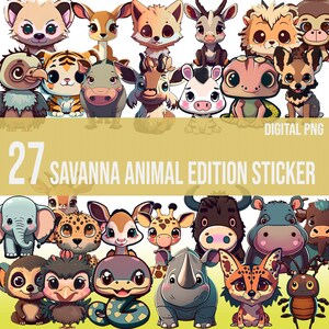 27 Adorable Savanna Animal Edition Kawaii Style Stickers in Pastel Colors. Digital PNG Insta Download
