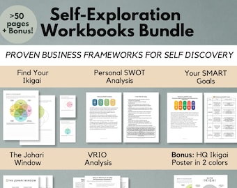 May include: A bundle of self-exploration workbooks with the title "Self-Exploration Workbooks Bundle." The image includes pages on "Find Your Ikigai," "Personal SWOT Analysis," and "Your SMART Goals." The workbooks are A4 size, 8.5 x 11 inches.