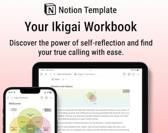 Learn your Ikigai Notion Template Workbook with a guide to Self-Work Improvement:  Life Planning Goal Setting, Life Purpose Planner