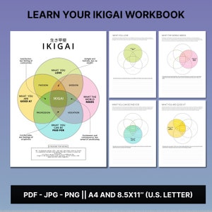 Learn your Ikigai Workbook with a guide to Self-Work Improvement:  Life Planning Goal Setting, Life Purpose Planner, Ikigai Career Worksheet