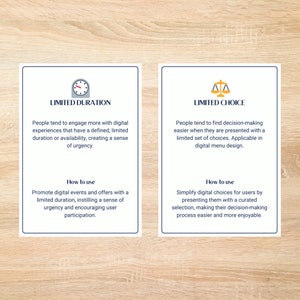 May include: Two illustrated cards with text explaining the concepts of limited duration and limited choice in digital marketing. The first card features a clock with a red hand and the text "Limited Duration". The second card features a scale with the text "Limited Choice".