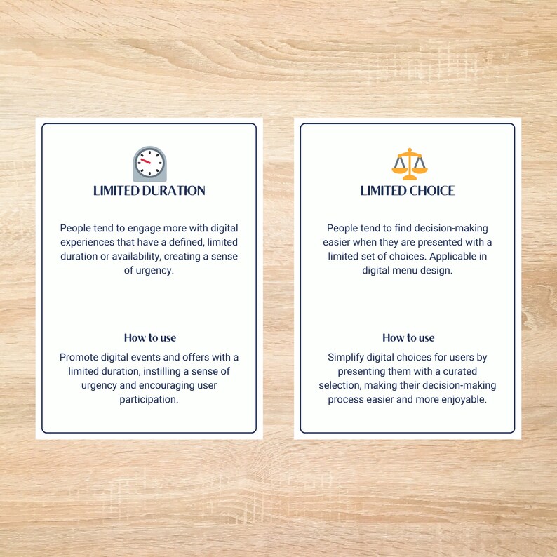 May include: Two illustrated cards with text explaining the concepts of limited duration and limited choice in digital marketing. The first card features a clock with a red hand and the text "Limited Duration". The second card features a scale with the text "Limited Choice".