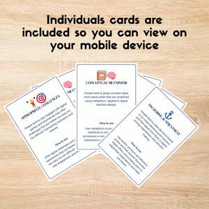 May include: Four white cards with blue borders and text about digital game design principles. The cards are titled "Appropriate Challenges", "Conceptual Metaphor", "Anchoring & Adjustment", and "Metaphor".