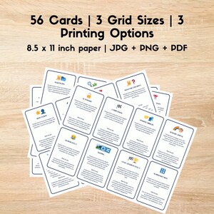 May include: A set of 56 cards with different colored borders and icons. The cards are printed with text and are designed for use in a game or activity. The text on the cards includes phrases like "Need for Certainty", "Sensory Appeal", and "Humor Effect".