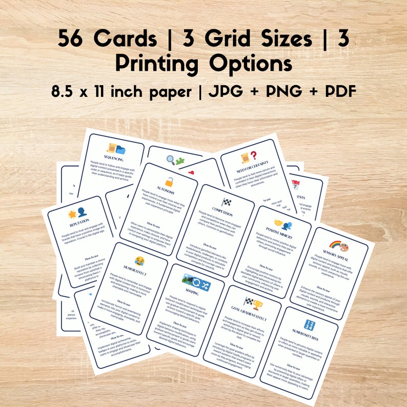 May include: A set of 56 cards with different colored borders and icons. The cards are printed with text and are designed for use in a game or activity. The text on the cards includes phrases like "Need for Certainty", "Sensory Appeal", and "Humor Effect".