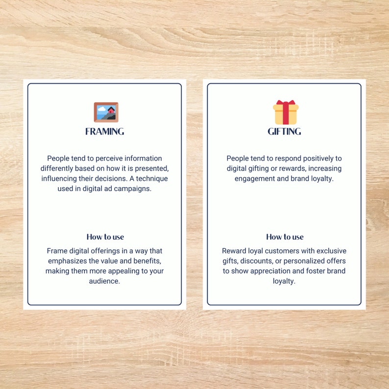 May include: Two blue cards with white text and illustrations. The card on the left has a picture of a house and the text "Framing". The card on the right has a picture of a gift box and the text "Gifting". Both cards have text explaining the concepts of framing and gifting in marketing.