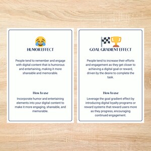 May include: Two blue cards with white text and icons. The card on the left has a smiling emoji and the text "Humor Effect". The card on the right has a checkered flag and a trophy emoji and the text "Goal Gradient Effect". Both cards have a section titled "How to use" with instructions on how to use each effect.