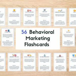 May include: A set of 56 colorful flashcards with white text on a woodgrain background. Each card features a different behavioral marketing concept, such as curiosity, authority bias, and commitment & consistency. The cards are designed to help marketers understand and apply these concepts to their digital marketing strategies.