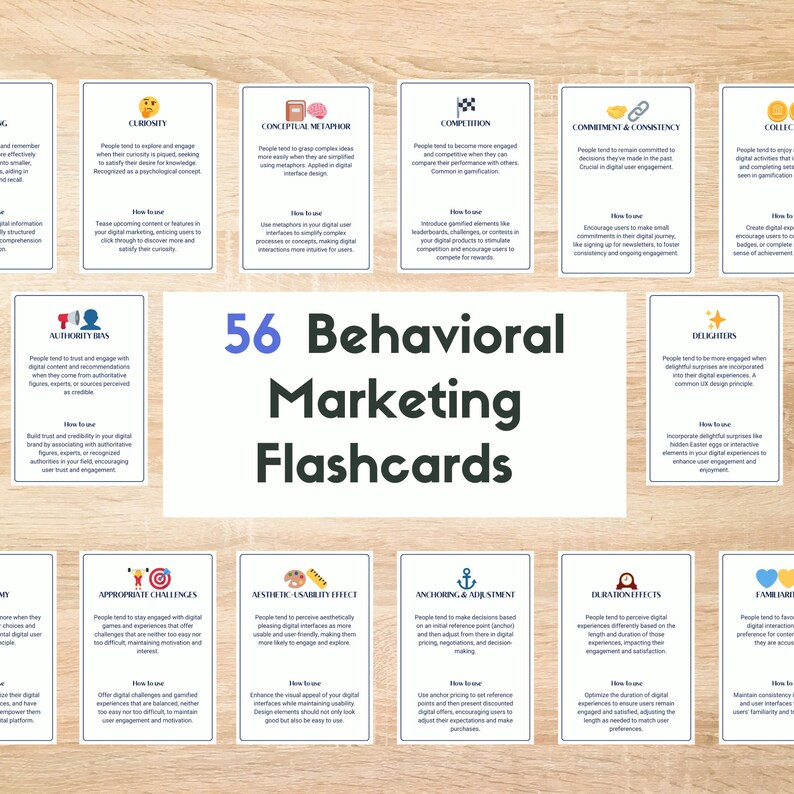 May include: A set of 56 colorful flashcards with white text on a woodgrain background. Each card features a different behavioral marketing concept, such as curiosity, authority bias, and commitment & consistency. The cards are designed to help marketers understand and apply these concepts to their digital marketing strategies.