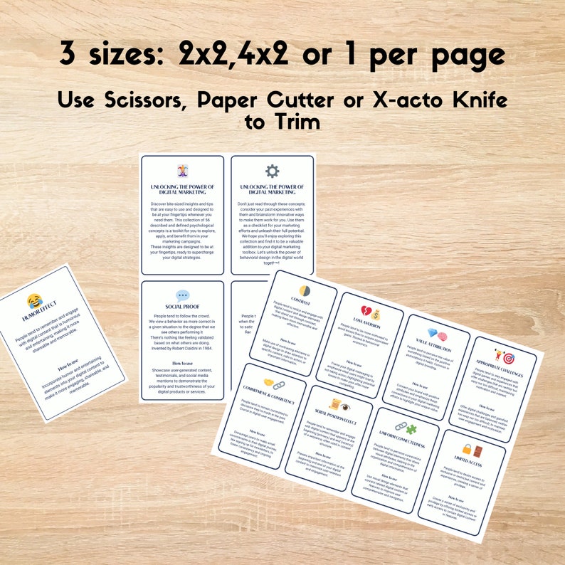 May include: A printable set of 16 digital marketing strategy cards with titles like "Humor Effect", "Social Proof", "Contrast", "Loss Aversion", "Value Action", "Approachable Challenges", "Convenience & Consistency", "Scarcity & Exclusivity", "Uniform Pricing", "Limited Access", "Limited Edition", "Urgency & Scarcity", "Free Trial", "Free Shipping", "Bonus Offer", and "Guarantee". The cards are designed to be cut out and used as a tool for brainstorming and planning digital marketing campaigns.
