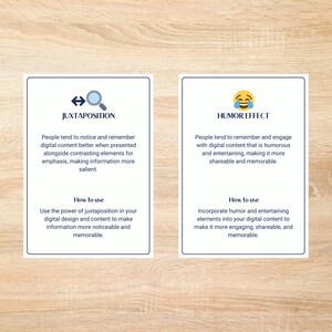 May include: Two cards with blue borders and white text on a wood background. The card on the left has a magnifying glass and arrows pointing left and right. The text on the card is "Juxtaposition". The card on the right has a yellow emoji with a laughing face and tears of joy. The text on the card is "Humor Effect".
