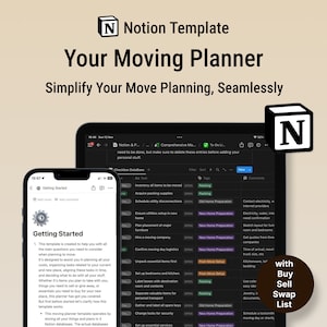 May include: A screenshot of a Notion template for a moving planner. The template is shown on a tablet and a phone. The template includes a checklist of tasks to complete when moving, such as contacting utilities, packing boxes, and scheduling movers. The template also includes a section for getting started, which provides an overview of the template and how to use it.