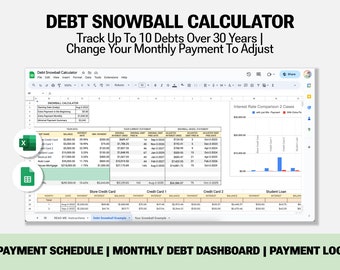 May include: A spreadsheet with a green background and a chart showing interest rate comparison. The spreadsheet is titled "Debt Snowball Calculator" and has a section titled "SNOWBALL CALCULATOR". The spreadsheet includes a section titled "YOUR CURRENT STATEMENT" and a section titled "YOUR DATA". The spreadsheet also includes a section titled "Interest Rate Comparison 2 Cases".