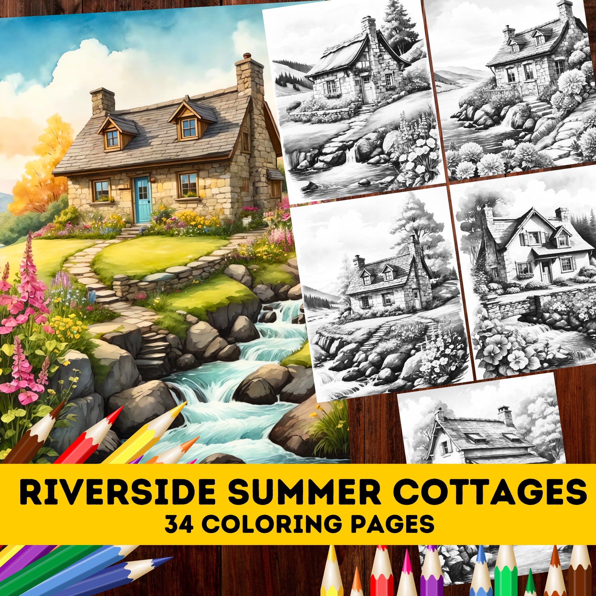 34 Riverside Summer Cottages Grayscale Coloring Pages| Fantasy ...