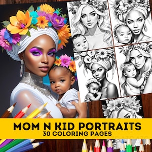 30 Enchanting Mother-Baby Portrait Grayscale Coloring Pages| Fantasy Faes & Angel Girls Coloring Pages for Adults Kids|Instant Download PDF