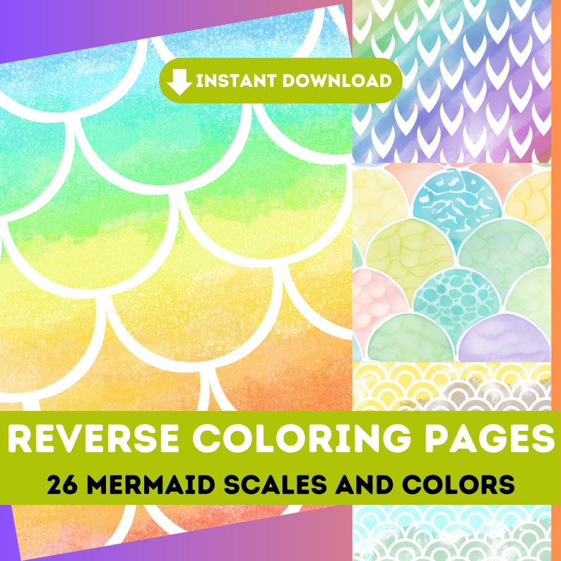 Printable Reverse Coloring Pages Mermaid Scales Rainbow Etsy Printable Reverse Coloring Pages Mermaid Scales Rainbow Etsy