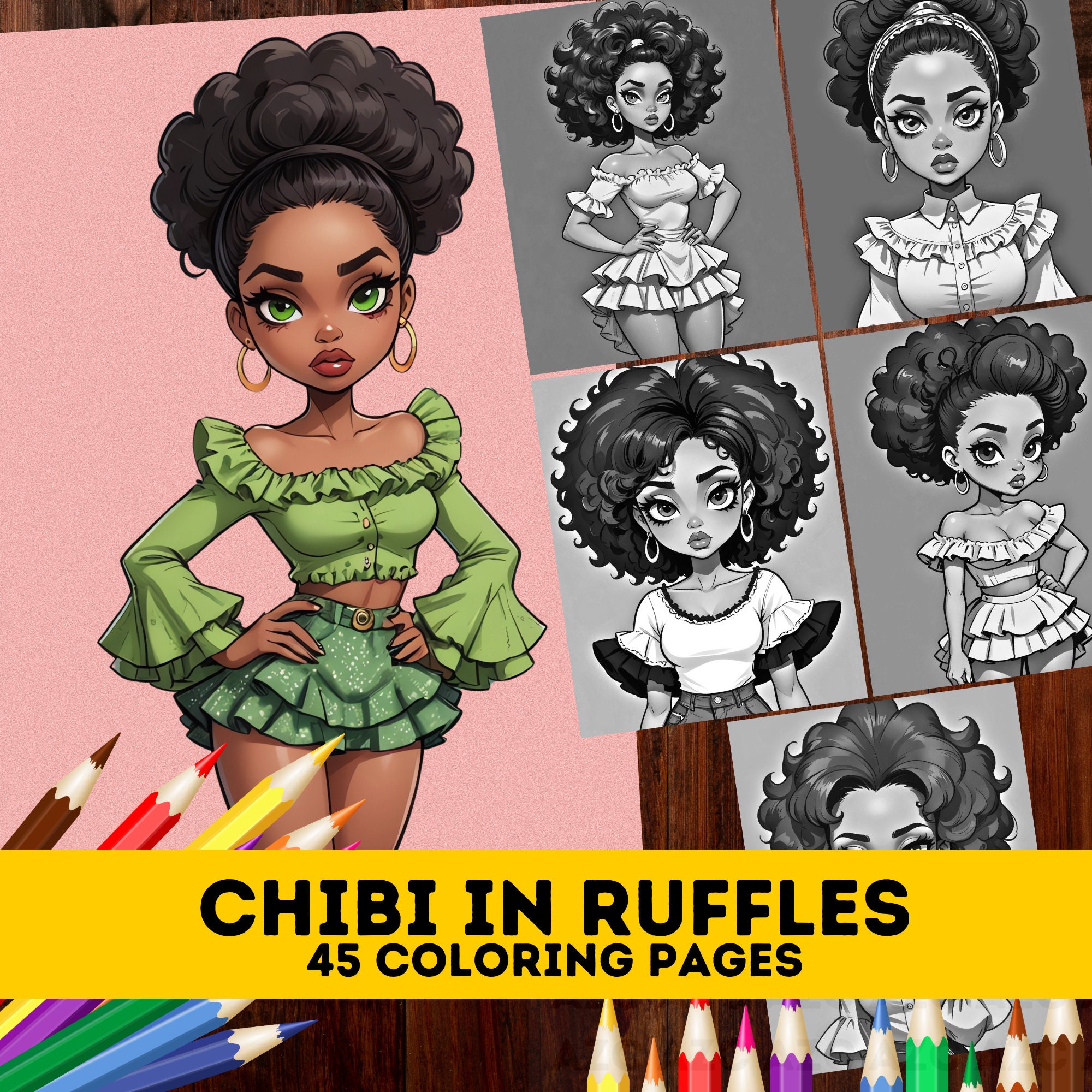 45 Cute Chibi Ladies in Ruffle Dress Grayscale Coloring Pages Melanin ...