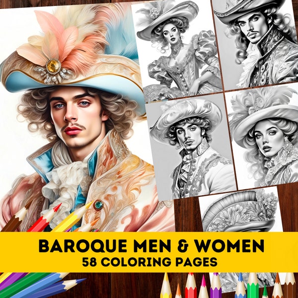 58 Baroque Men & Women Grayscale Coloring Book Pages| 17th Century Fashion Coloring| Adults Kids Grayscale Coloring| Instant Download PDF