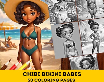 50 Cute Chibi Bikini Babes in Cool Places Grayscale Coloring Pages| Melanin Kawaii Fashion Coloring Pages for Adults| Instant Download PDF