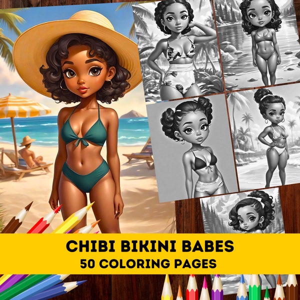 50 Cute Chibi Bikini Babes in Cool Places Grayscale Coloring Pages| Melanin Kawaii Fashion Coloring Pages for Adults| Instant Download PDF