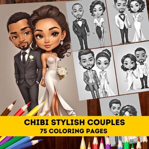 75 Cute Chibi Stylish Power Couples Grayscale Coloring Pages| Melanin Kawaii Fashion Coloring Pages for Adults Kids|Instant Download PDF