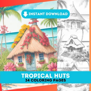 34 Tropical Spring Huts Coloring Pages| Adults kids Grayscale Coloring Page| Instant Download| Printable PDF| Flower Houses| Fairy Houses