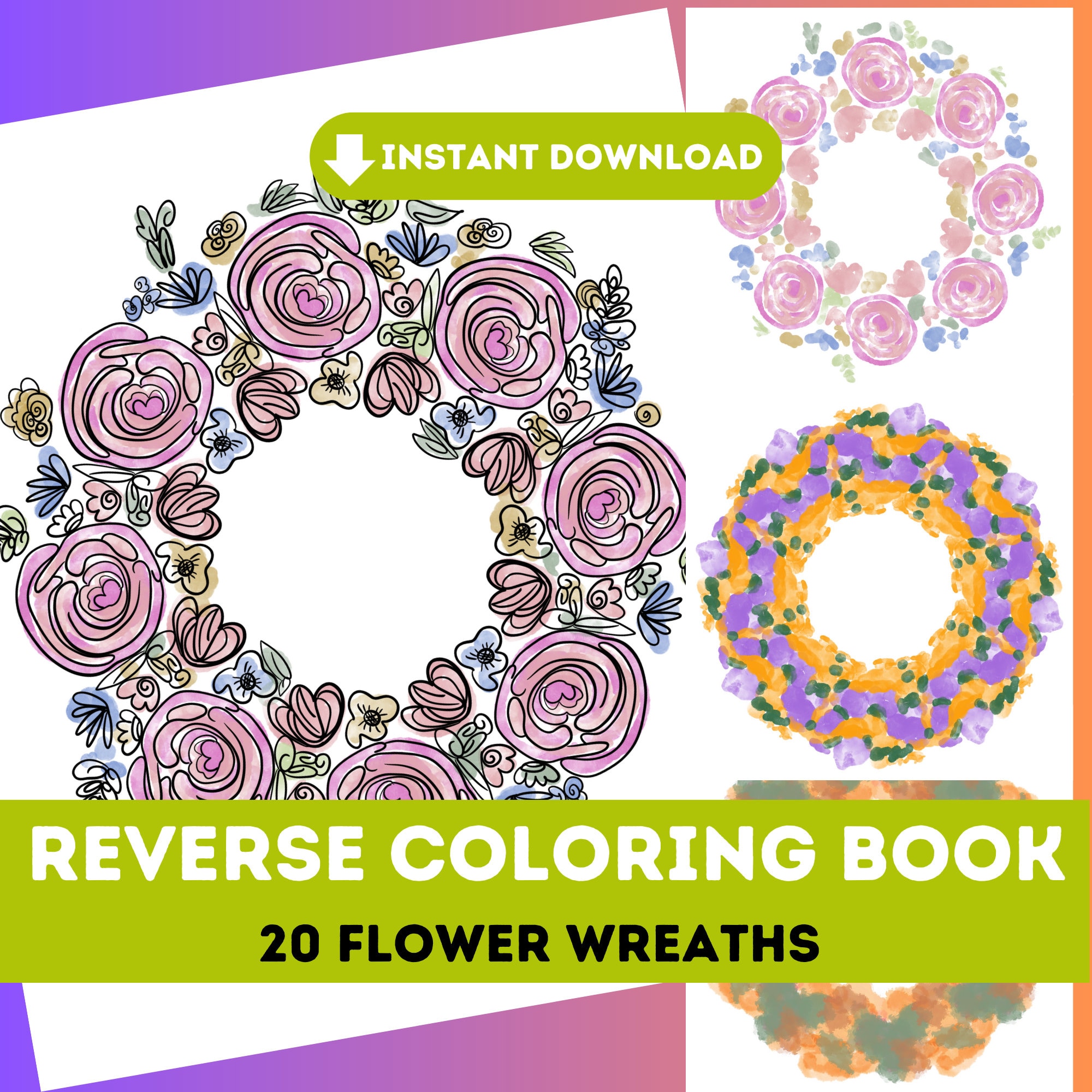 20 Printable Reverse Coloring Pages Spring &amp; Summer Blooms Mindfulness and Anxiety Relief ...